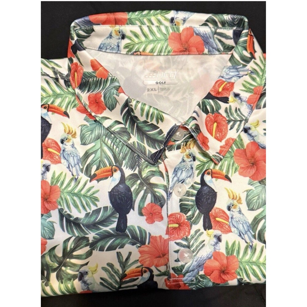 beg White Tropical Bird Print Golf Polo with Green Leaves &Coral Flowers